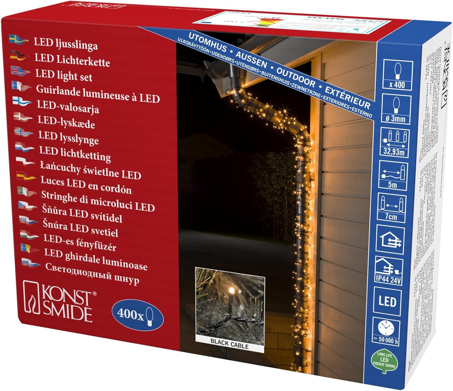 Konstsmide LED Christmas Fairy Lights Compact Tree Lights/Outdoor or Indoor (IP44) / 24V Transformer Plug in / 400 Amber White Diodes/Black Cable String Lights