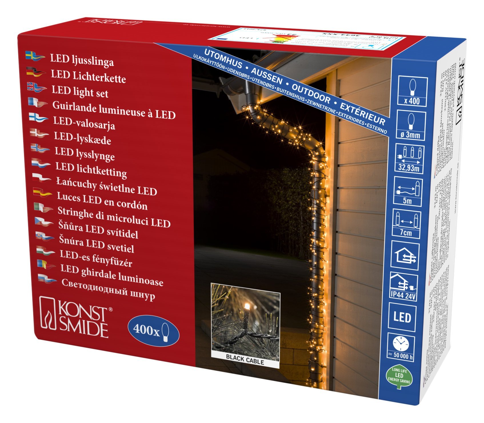 Konstsmide LED Christmas Fairy Lights Compact Tree Lights/Outdoor or Indoor (IP44) / 24V Transformer Plug in / 400 Amber White Diodes/Black Cable String Lights, 3644-800EE