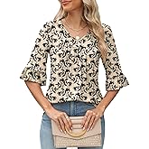 LOMON 3/4 Sleeve Tops for Women Summer Dressy Casual V Neck Shirts Ruffle Sleeve Loose Blouses