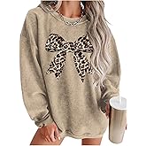 Verdusa Women's Bow Leopard Print Oversized Sweatshirt Graphic Pullover Tunic Tops Streetwear Fall Clothes
