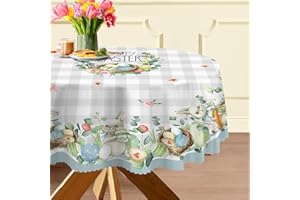 cusugbaso Easter Round Tablecloth 70 inches - Grey Plaid Easter Decorations for The Home - Water Resistant Tulips Eucalyptus with Eggs Spring Table Cloth Easter Decor for Home, Table, Party