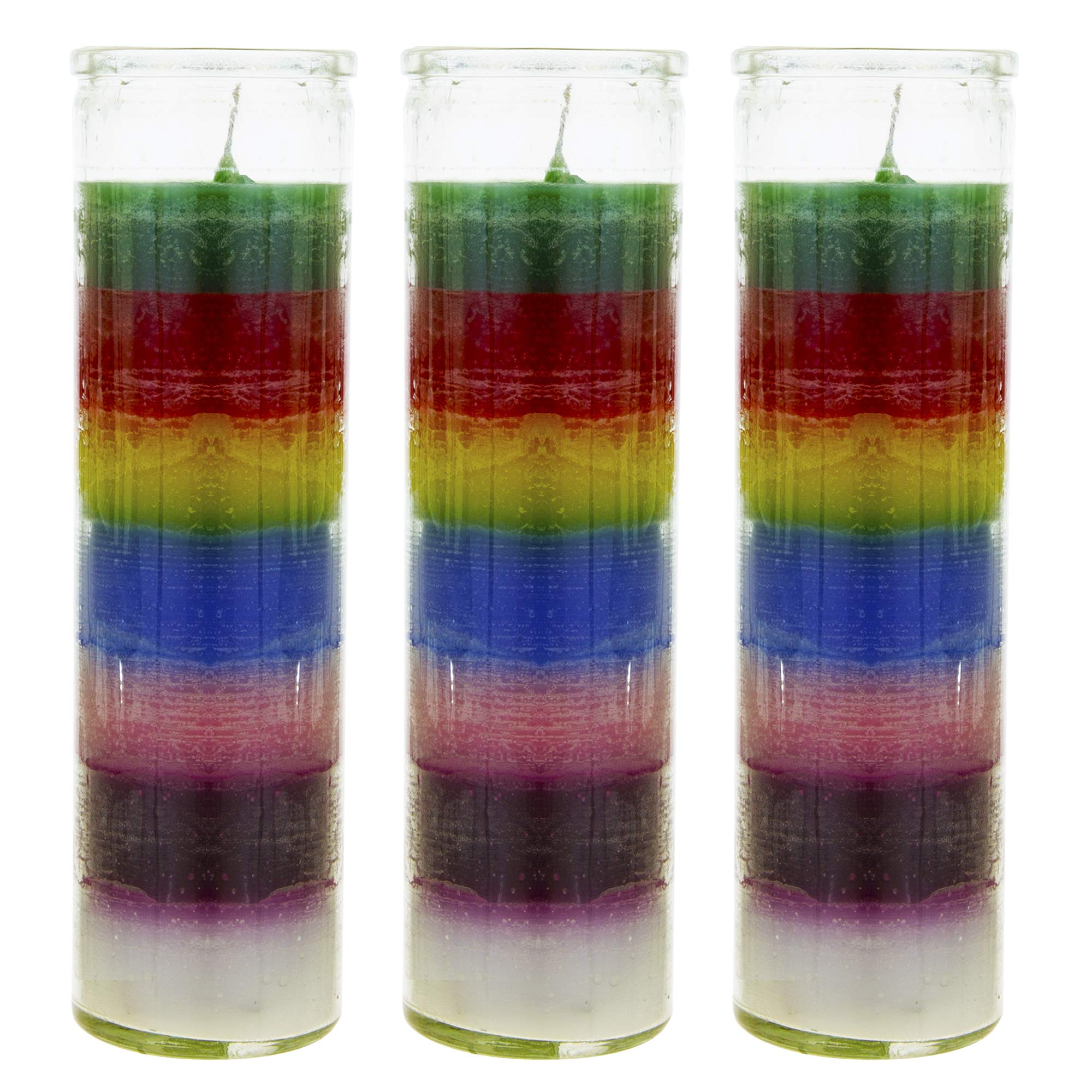 Mega Candles 3 pcs Unscented 7 Color Glass Prayer Devotional Candle, Hand Poured Wax Candles 2 Inch x 8 Inch, Great for Sanctuary, Vigils, Casting Chimes, Rituals, Spells, Wiccan & More