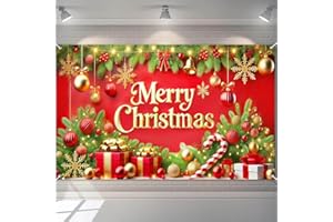 BlissYard Merry Christmas Backdrop 71x43 Inches Red and Gold Gift Box Scene Banner Holiday Party Photography Background Indoor Outdoor Christmas Decorations for Wall or Door