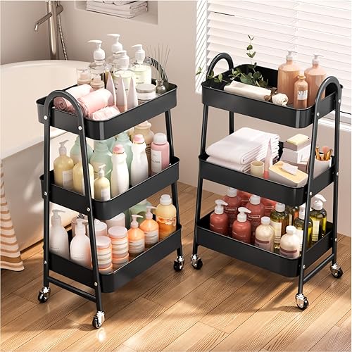 StowBin 3 Tier Metal Storage Trolley with Wheels – Rolling Utility Cart with Handle and Mesh Shelves for Kitchen, Bathroom, Office – Black