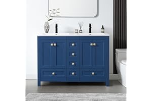 LUCKWIND 48” Bathroom Vanity with Sink, Modern Painted Bathroom Storage Cabinet with 2 Resin Basin Sinks Top, Faucet and Drawers, Navy Blue