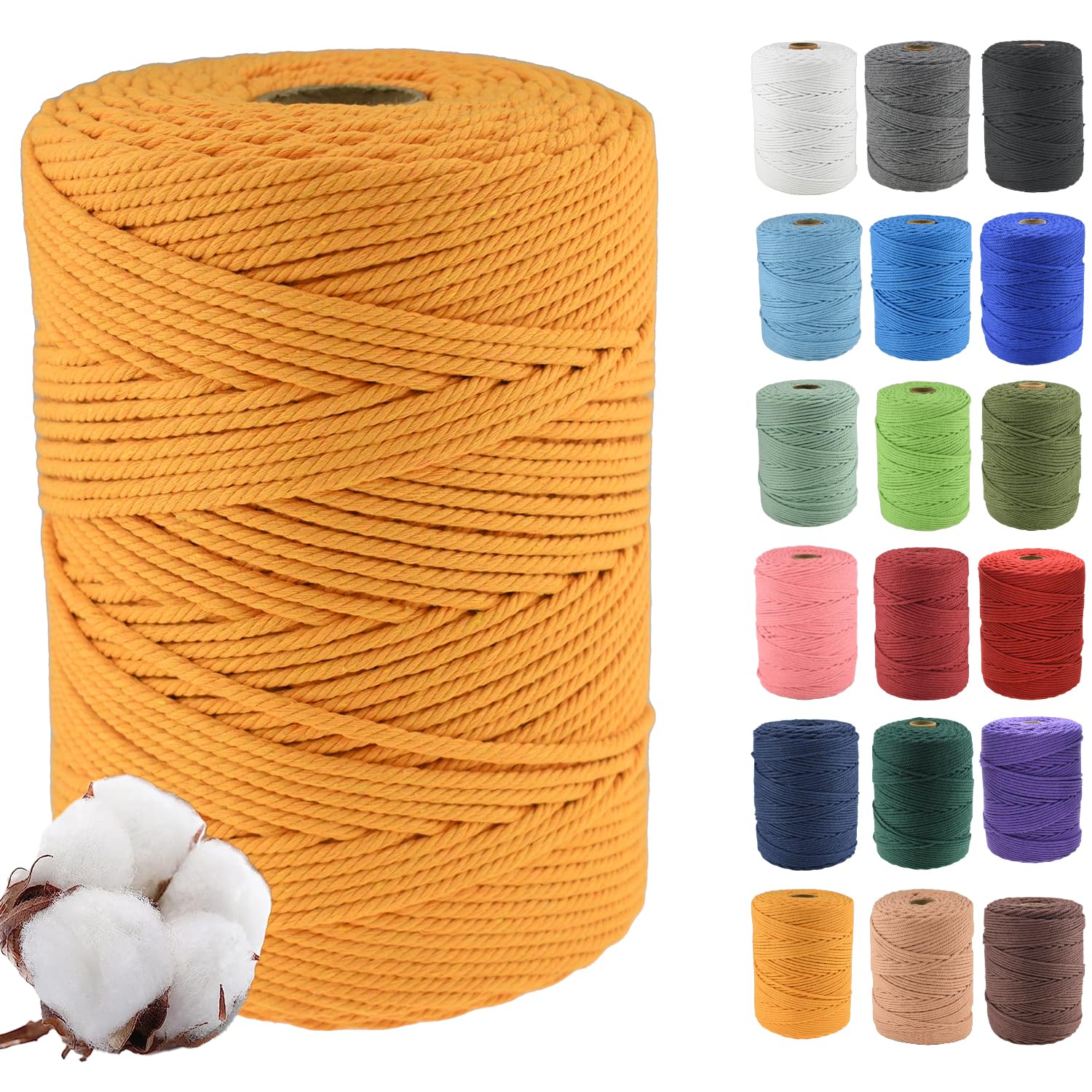 Klhamky 4mm×300m Macrame Cotton Cord, Soft 4 Strand Twisted 100% Natural Cotton for Handmade Wall Hanging, DIY, Craft Making, Knitting, Plant Hangers, Decorative Projects (4mm×300m, Golden Yellow)
