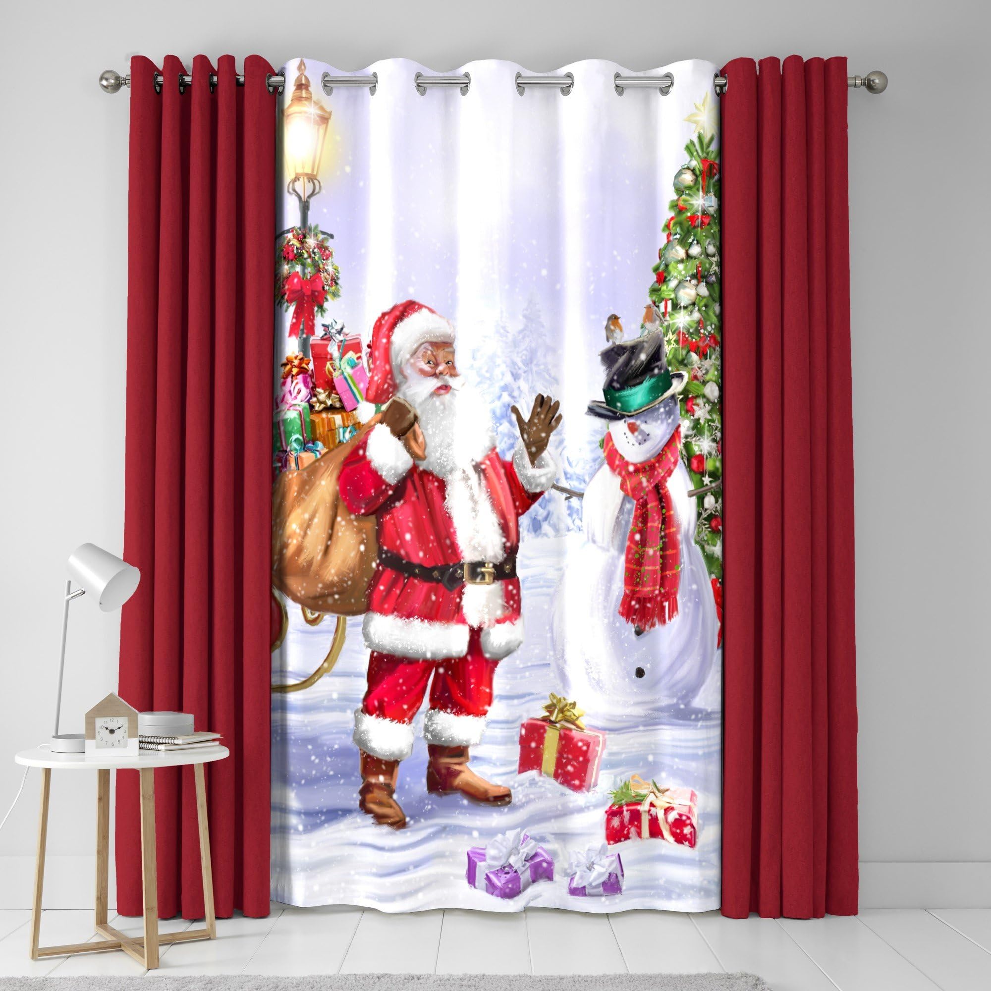 Fusion Christmas Curtains – Santa & Snowman Print – W138 x L214cm – Eyelet – Festive Drapes for Bedroom & Living Room – Traditional Holiday Window Decorations