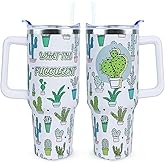 Xchearser 40 oz Cute Cactus Tumbler with Handle and Straw, What the Fucculent Stainless Steel Insulated Cup with Lid and Straw, Travel Mug Water Bottle, Gifts for Women