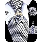 Kerfado 5PCS Tie and Pocket Square for Men, Silk Necktie and Handkerchief Cufflinks with Gold Ring and Lapel Pin Set