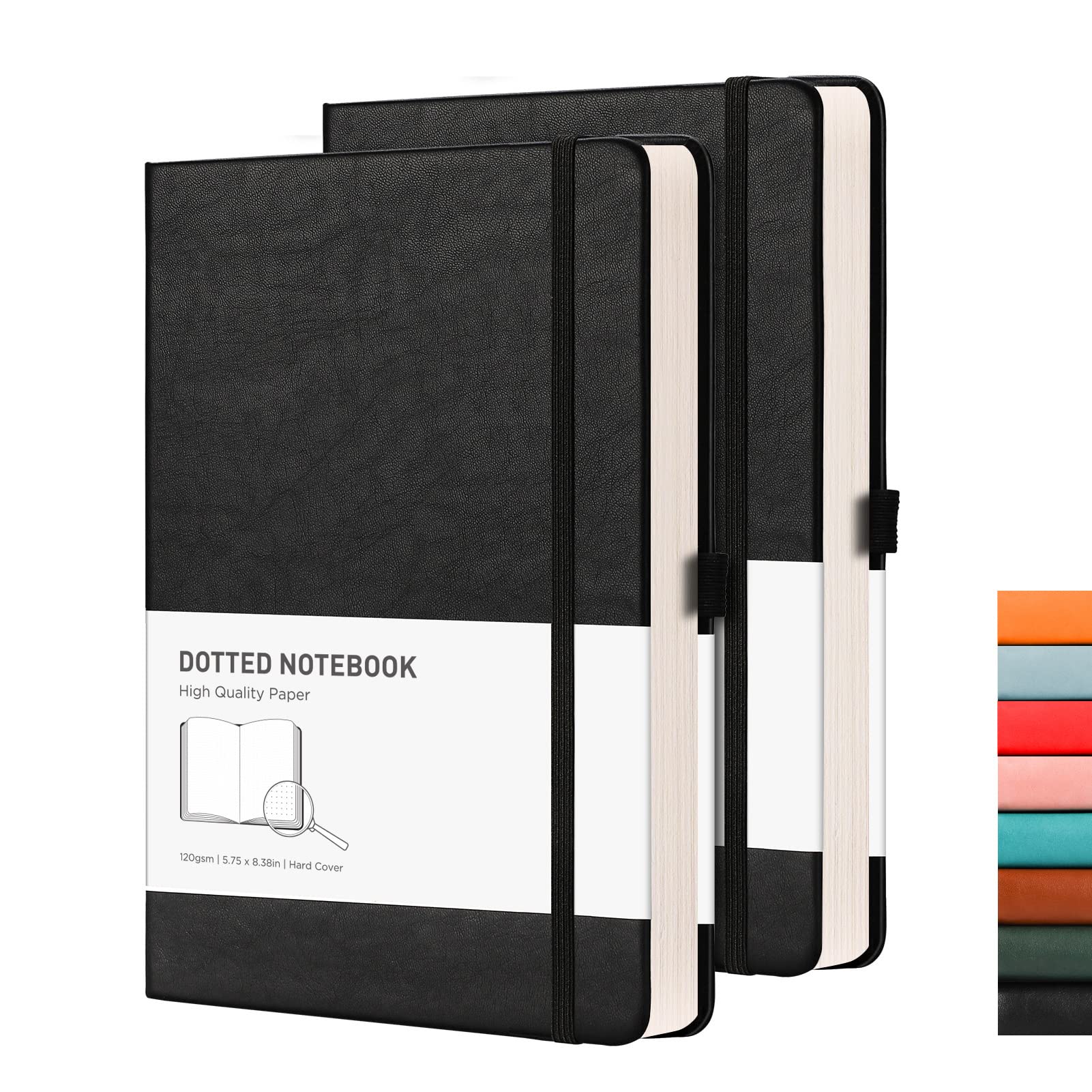 RETTACY A5 Dotted Notebook 2 Pack - Bullet Dot Grid Journal with 320 Numbered Pages Hardcover 120gsm Thick Paper, 8 Perforated Sheets, Pen Holder, Inner Pocket 14.5 x 21cm - Black Black