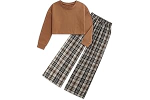 Gaupafmb Girls Clothes Solid Long Sleeve Tops Plaid Wide Leg Pants with Pockets Girls Outfits Size 6-14