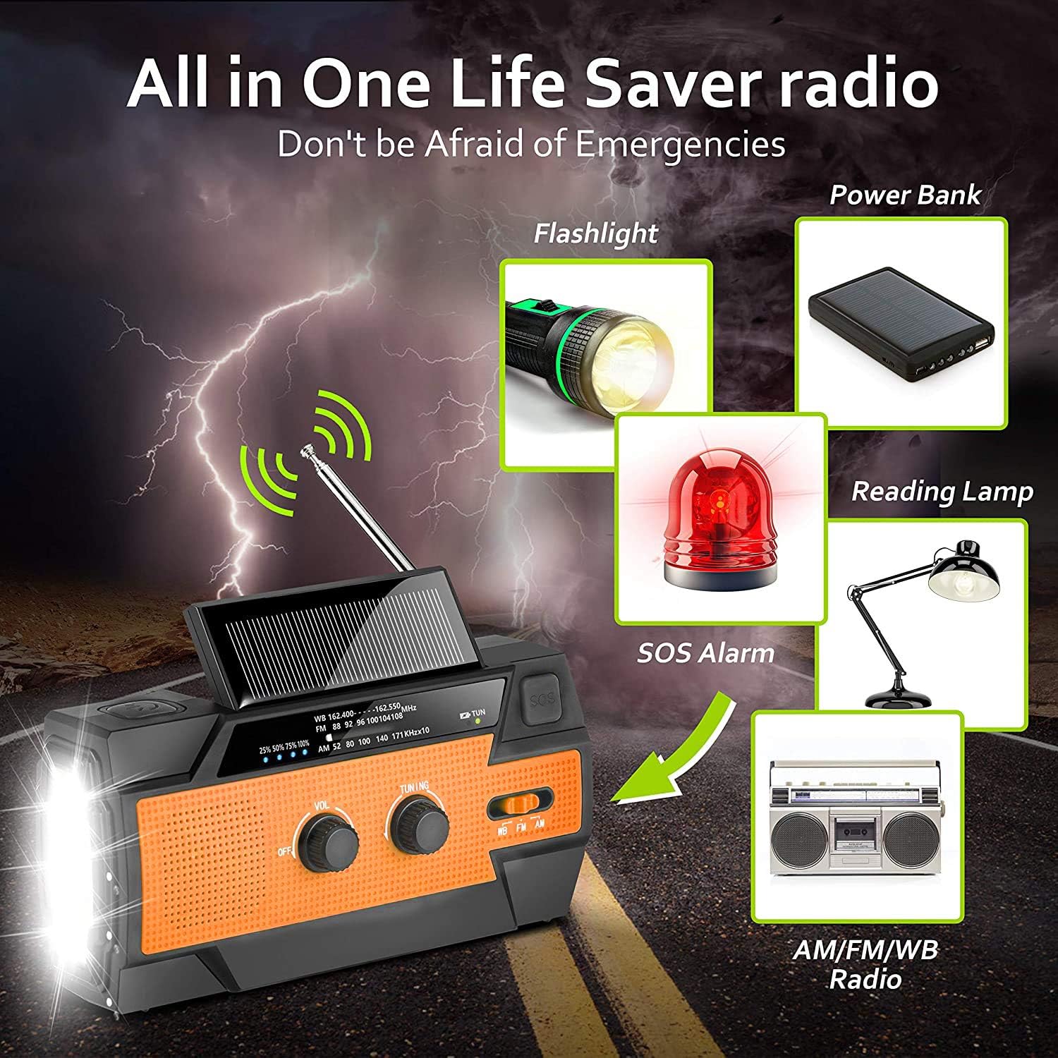 2020 Newest Emergency Crank Radio，4000mAh-Solar Hand Crank Portable AM/FM/NOAA Weather Radio with 1W Flashlight & Motion Sensor Reading Lamp，Cell Phone Charger,SOS Alarm for Home and Emergency(Orange): Home Audio & Theater