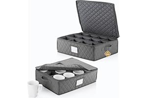 STOZU 2 Pack - China Cup Storage Chests Hold 24 Coffee Cups or Mugs – Stackable Glassware Organizer with Customizable Dividers and Inner Case for Extra Protection – Gray