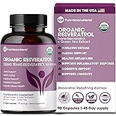 Organic Resveratrol Supplement – Trans-Resveratrol Capsules with Green Tea – Highly Purified & Bioavailable - 90 Vegan Caps