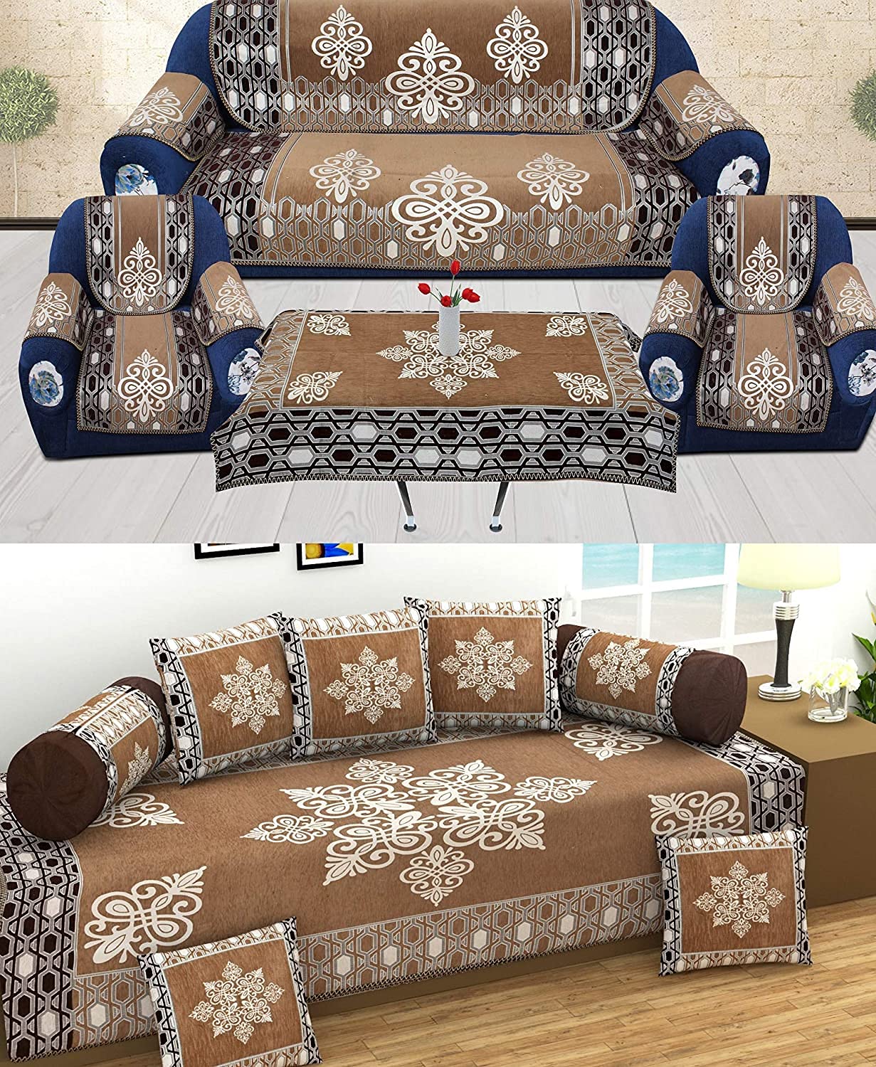 Misbah Heavy Chenille Velvet Sofa Cover with diwan Set and Table Cover Combo Set of 21 pcs