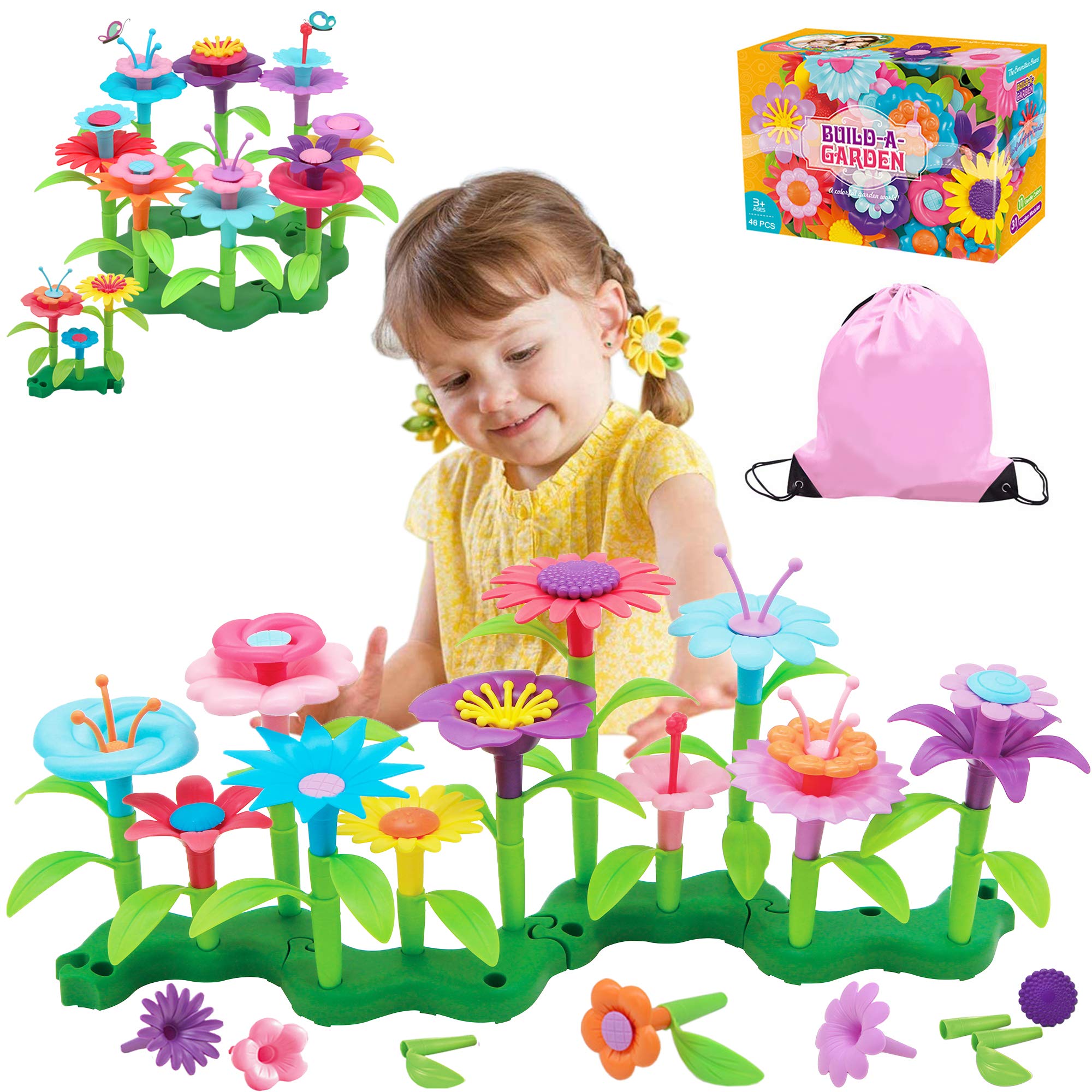 Photo 1 of FLYINGSEEDS 46 PCS Flower Garden Building Toys for Girls, STEM Toy Gardening Pretend Play Set for Kids, Girls Favor Stacking Game for Toddlers, Preschooler Age 3 4 5 6 7 8 Year Old