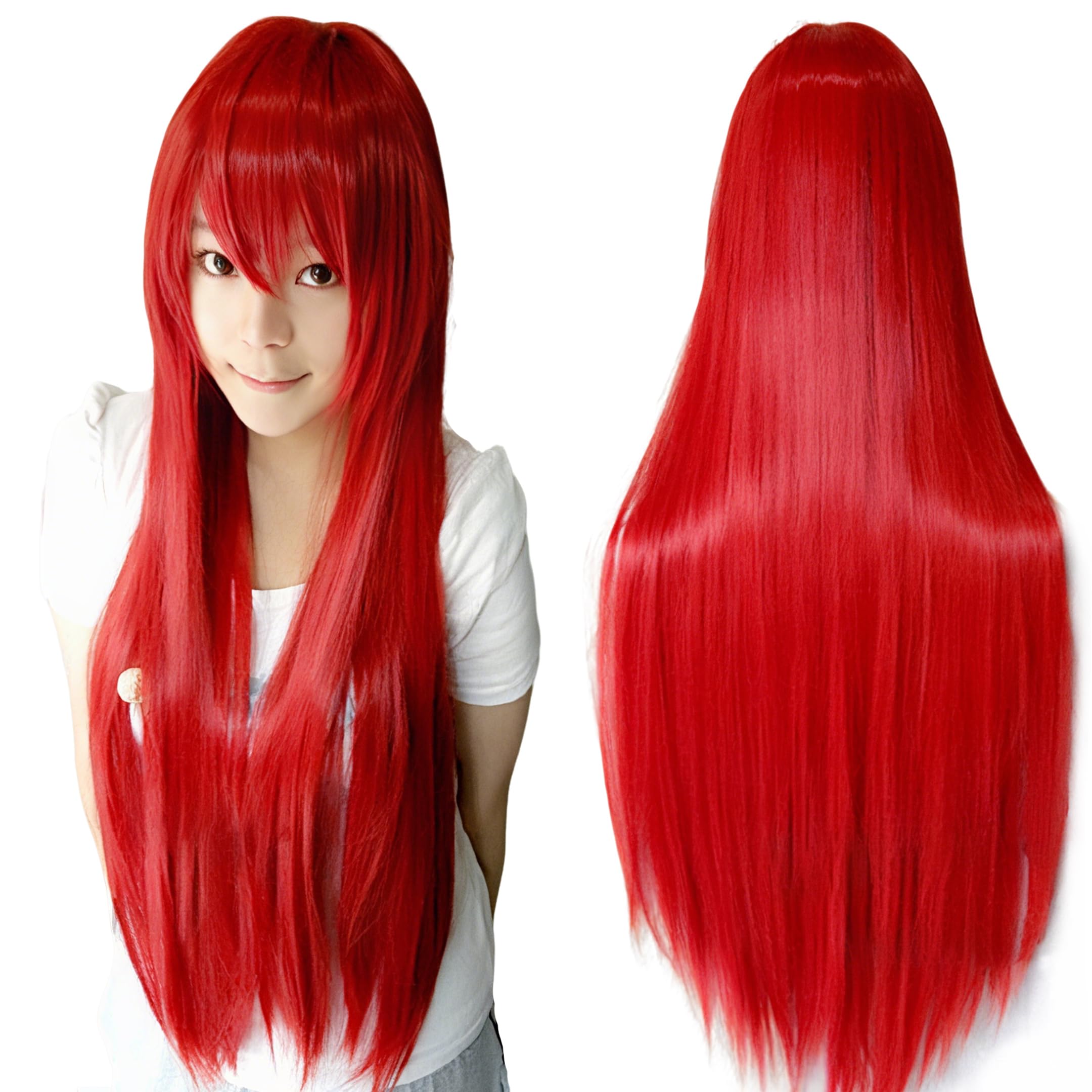 IMISSU 80cm Long Straight Natural Hair Cosplay Wigs with Bangs Colorful Halloween Costume Party Wig for Girl (Red)