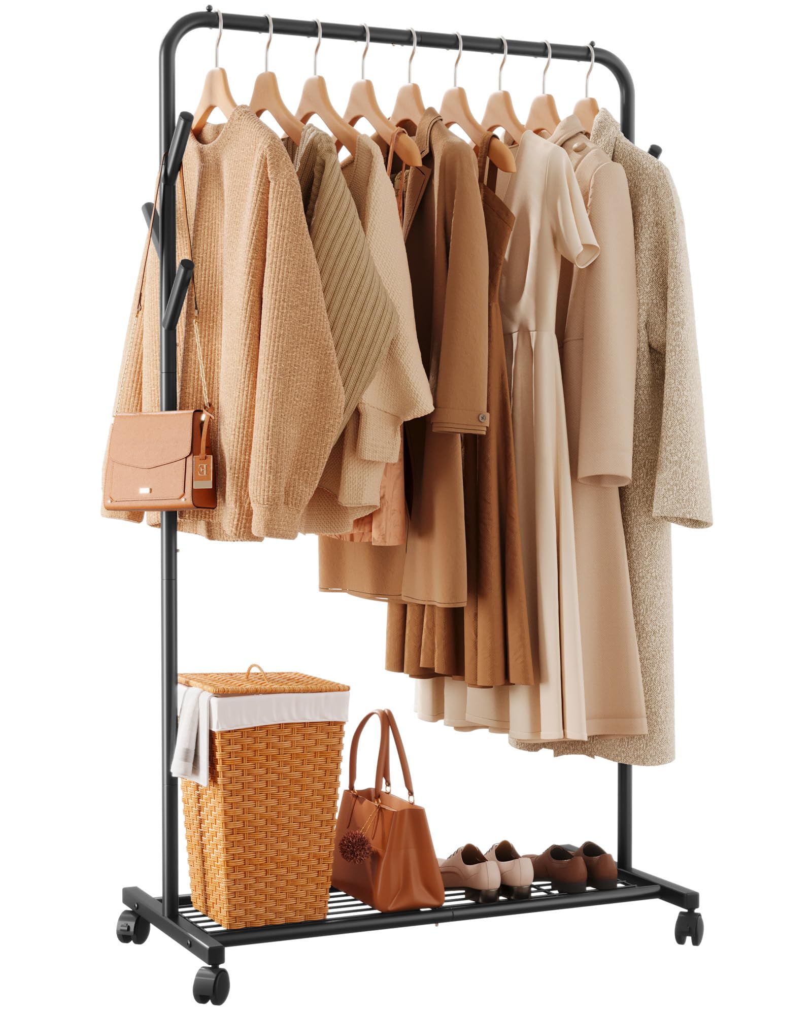 Sakugi 自立式 コートハンガー 玄関 寝室用 多機能 衣類 帽子 収納ラック フック付き、ブラック