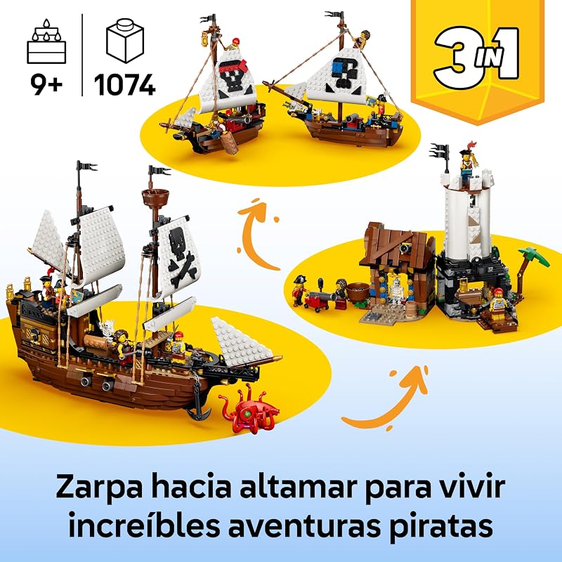 Brinquedo clássico de navio pirata 3 em 1 – modelo de castelo transformável ou 2 navios gémeos – decoração de quarto – presente de aniversário para rapazes e raparigas de 9+ anos – 31387