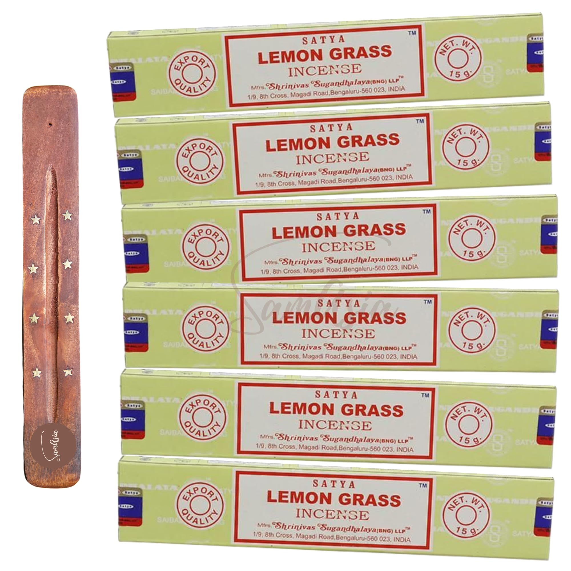 Satya Nag Champa Lemon Grass Incense Sticks | x6 pack | with SAMASIA incense sticks holder | Used for Aromatherapy, Spa, Yoga, Weddings, Meditation, Healing, Positivity and Relaxation
