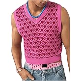 BEAUDRM Men's Heart Graphic Printed Sleeveless V Neck Sweater Vests Cropped Knit Tank Tops