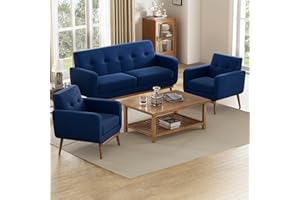 HUIMO Living Room Set, Button Tufted Living Room Furniture Sets, Upholstered Modern Couch Set with Solid Frame, Deep Seat Sofa Set for Living Room, Office (Dark Blue, 3 Piece Set-1*loveseat+2*Chair)