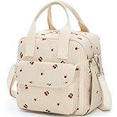 LOVELYWIND Cherry Lunch Bag for Women, Family-Friendly Corduroy Insulated Tote, Large Crossbody Cooler with Adjustable Strap, Reusable Lunch Box Fits Full-Sized Bottle, Beige Multipurpose Satchel