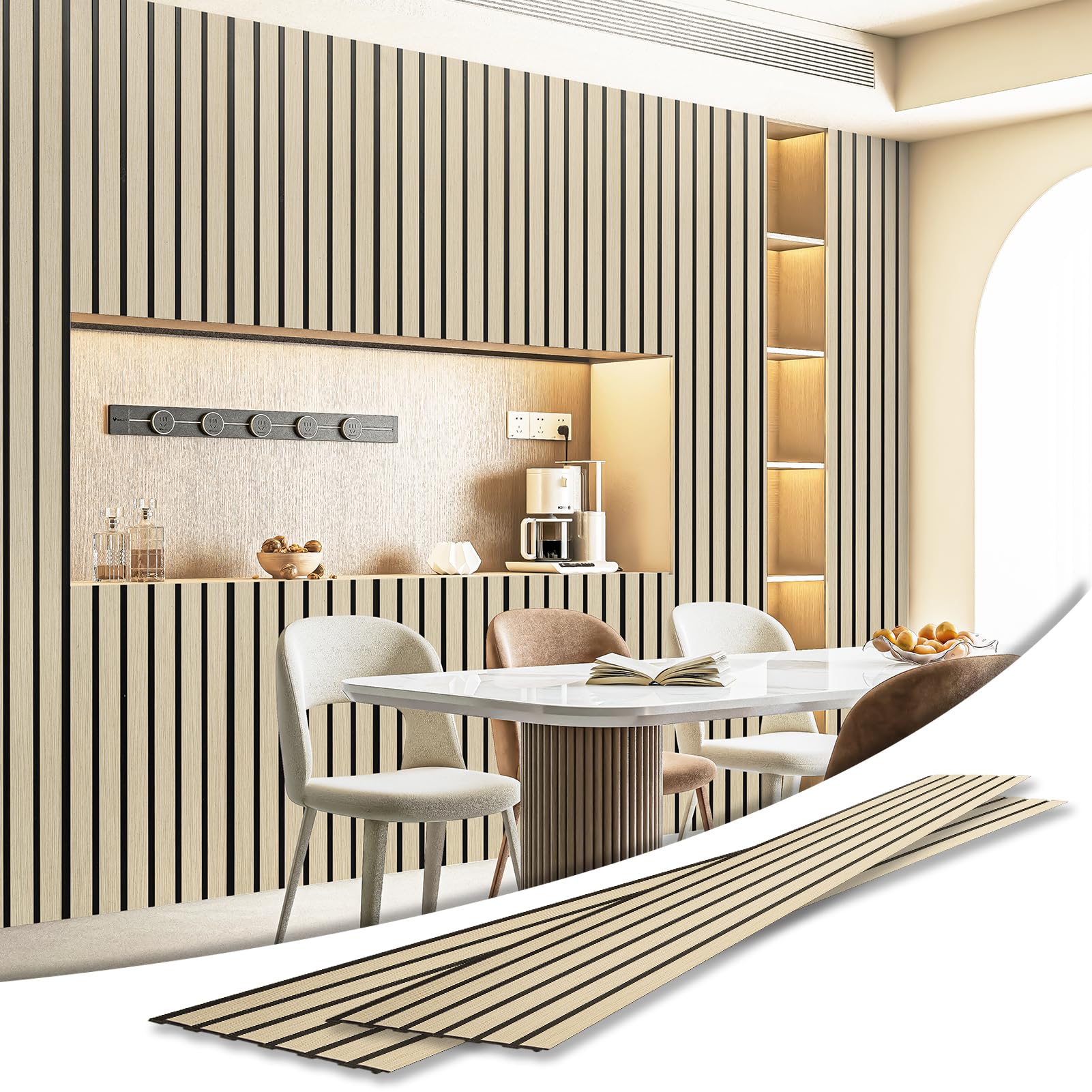 Photo 1 of Art3d 4-Pack Glue-On Six-Grid Wainscoting Panel for Interior Wall Decor - 104 x 12 Inch Polystyrene Ultralight Slim Slat Wall Panels for Living Room Bedroom, Oak
