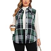ZOMVA Plus Size 1X-5X Women's Flannel Plaid Long Vest Button Down Sleeveless Jacket Shacket Coat Casual Fall Fashion Outfits