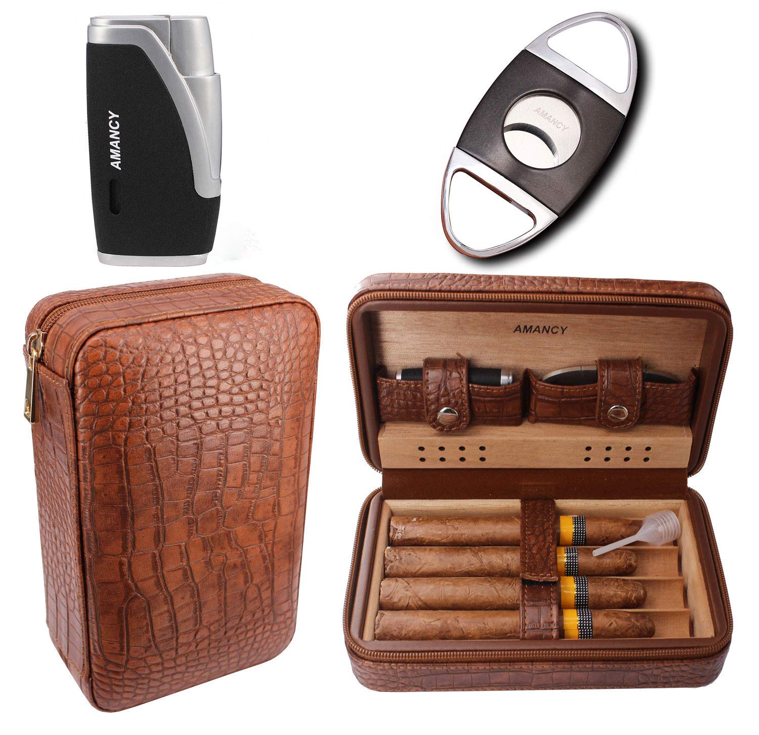 AMANCY Premium Brown Leather Cigar Travel Case Humidor W/Cutter Lighter