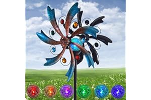 ALLADINBOX 57 Inch Solar Wind Spinner Blue Metal Garden Decor with Multi Color Changing LED Solar Powered Glass Ball Wind Sculpture Spinner Windmills for Yard Patio Outdoor Decoration