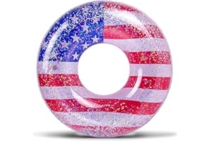POZA Inflatable USA Pool Float - Luxurious Fun Lounger Filled with Sparkle Silver Stars Confetti, Cool USA Flag Design Water Swimming Pool Floaties for Beach, Lake & Pool