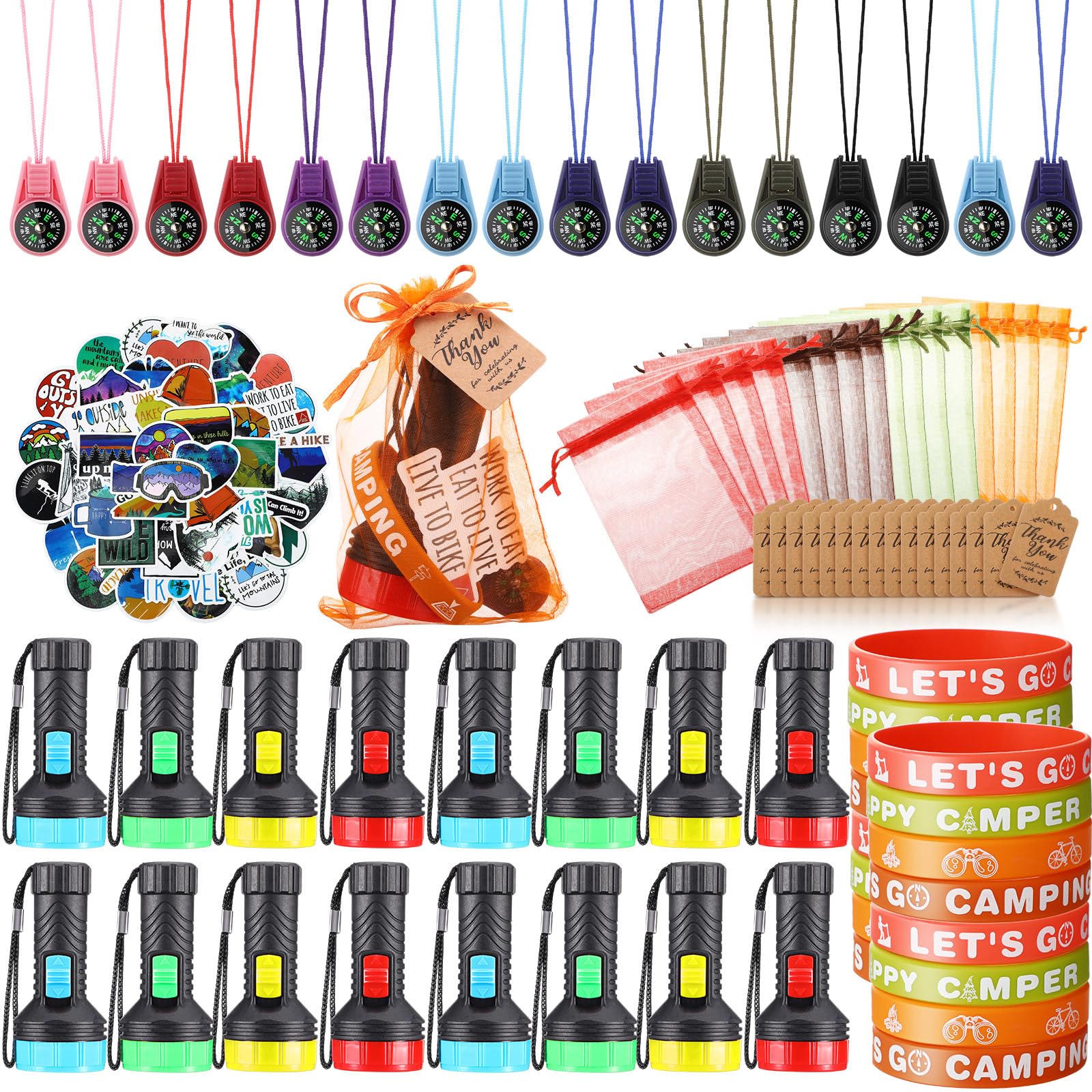Photo 1 of Fumete 130 Pcs Camping Party Favors Happy Camper Party with Silicone Bracelets, Mini Compass, Mini Flashlight Keychains, Stickers, Bag and Tag Adventure Friend Birthday (Classic Style)