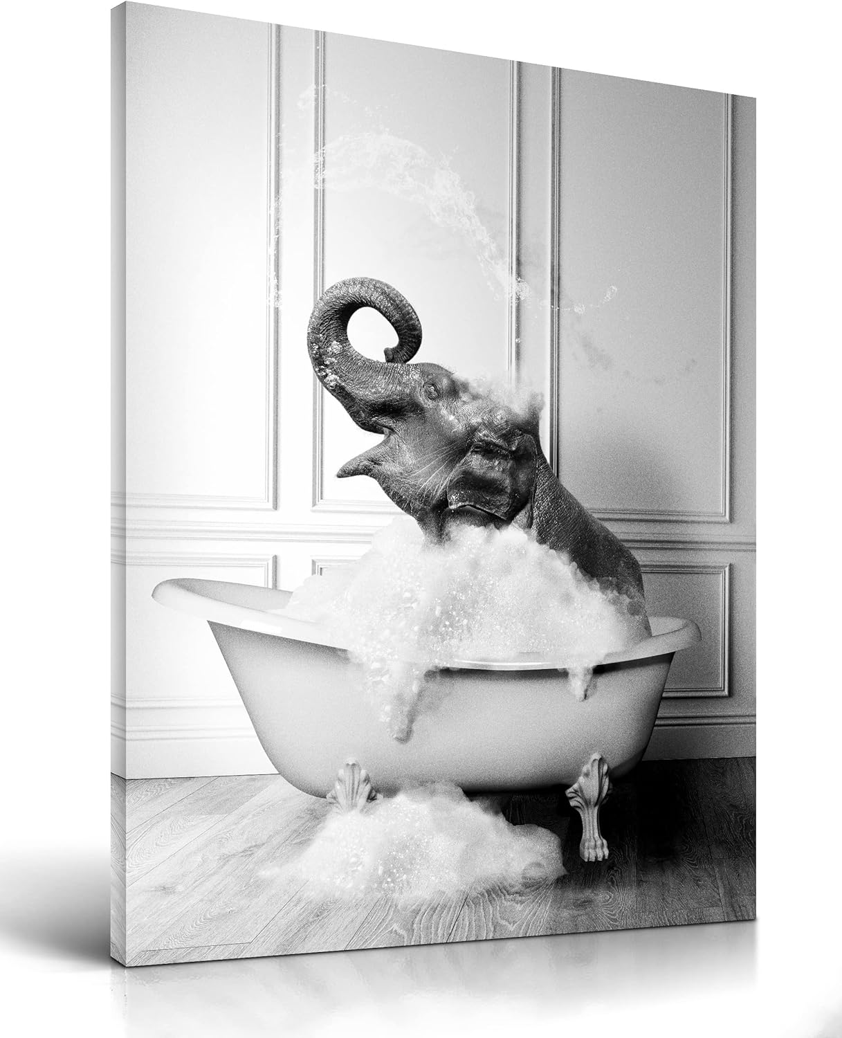 Wall Décor - iHery Funny Bathroom Wall Art Decor, Waterproof 12x16in Black and White Quality Canvas Wall Art Pictures, Wood Framed Funny Elephant Bathing Animals Abstract Prints for Bedroom Kids Room 1 Pack