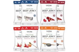 Think Jerky Beef and Turkey Jerky Variety Pack, Classic, Sweet Chipotle, Sriracha Honey, Sesame Teriyaki, Healthy Meat Snack, Low Calorie Low Fat - 1.0 oz Bags, 8 Pack, 2 of Each