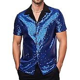 SEAUR Men's Sequin Shirt Short Sleeve V-Neck Sparkle Polo Button Down Shirts Disco Nightclub Outfit