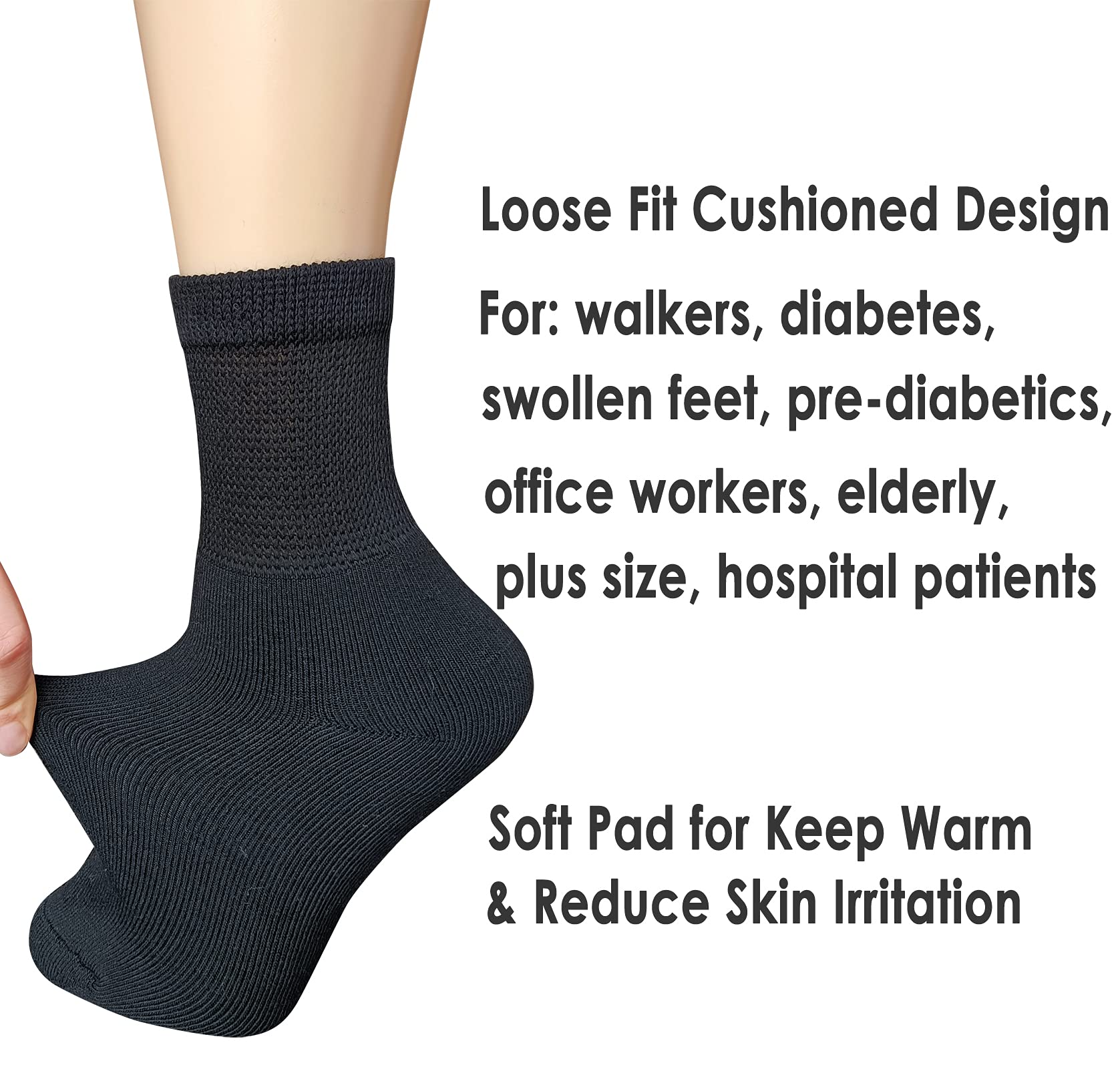 Women Extra Wide Comfort Fit Loose Fit Quarter Socks Moisture Wicking Cushion Diabetic Socks Loose Fit for Wide Swollen Feet Ankle 4 pairs 9-11, Black, One Size