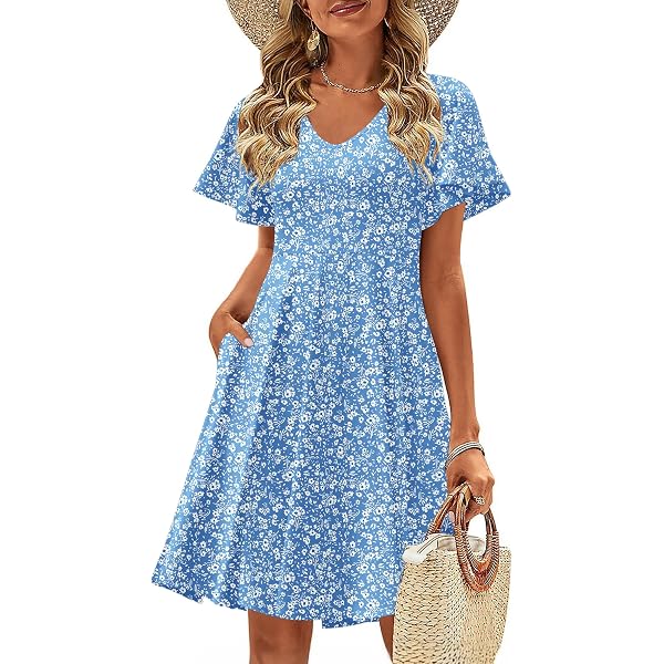Vestido Tipo Camiseta Para Mujer - Manga Corta Con Vuelo Y Bolsillos - Tejido Suave De Algodón, Poliéster Y Elastano - Ideal Para Verano Y Looks Casuales