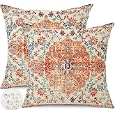 Gujiahone Outdoor Waterproof Pillow Covers 18X18 Inch Set of 2 - Bohemian Vintage Carpet Pattern Orange Blue Ethnic Design Decorative Farmhouse for Couch Garden Balcony