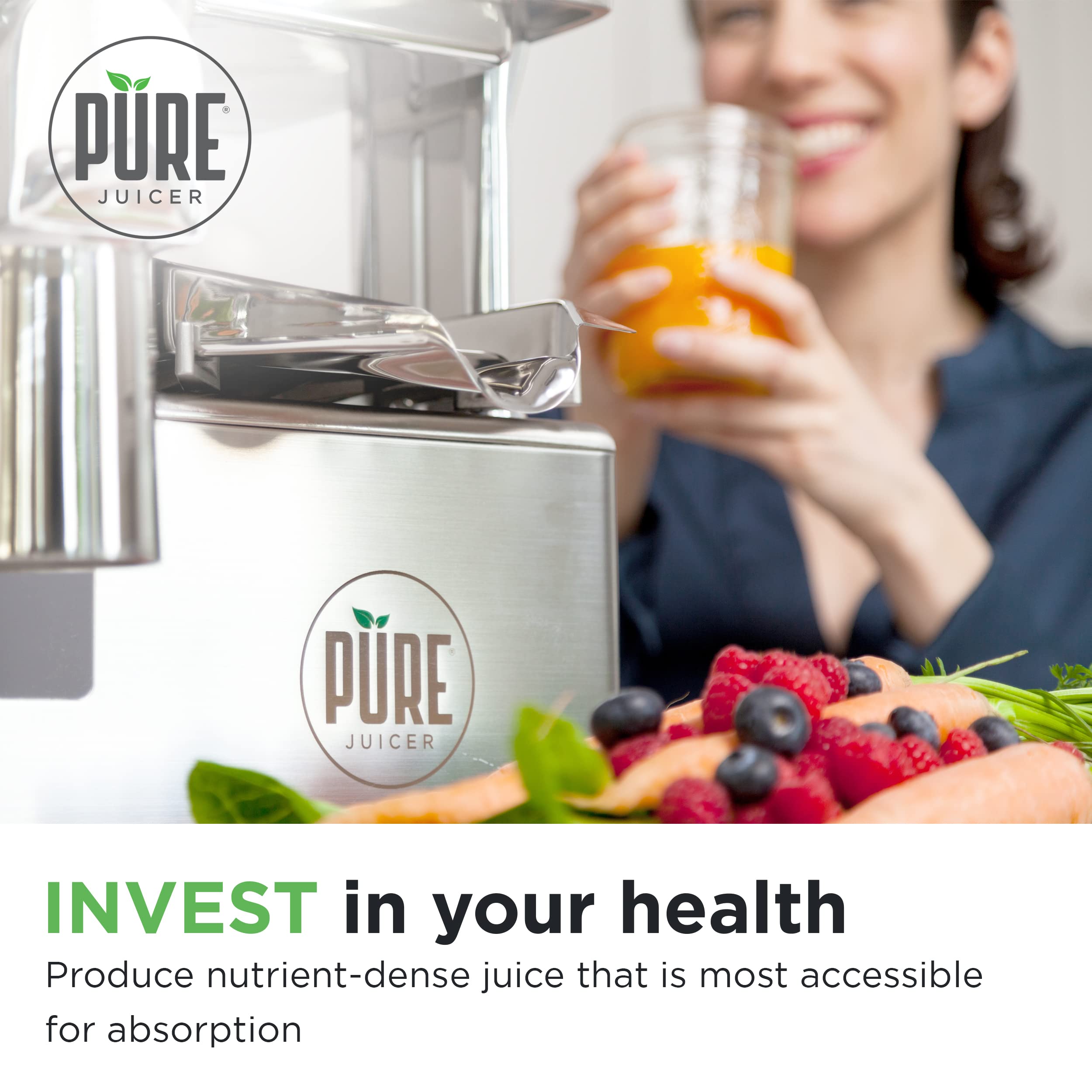 PURE Juicer Two-Stage Juicer - Premium Cold Press Juicing Machine - Solid Stainless Grinder and Hydraulic Press For Fruits, Vegetables, Nuts