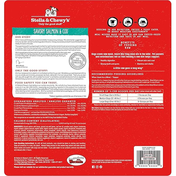 STELLA & CHEWY’S FREEZE-DRIED RAW SALMON & COD MEAL MIXERS- DOG FOOD TOPPER AND MIXER – MADE WITH 95% WILD-CAUGHT SALMON & COD, ORGANS & BONE – PERFECT FOR PICKY EATERS – GRAIN-FREE – 3.5 OZ