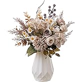 Peauley Small Fake Silk Flowers Bouquet with Vase, Faux Centerpieces with Roses, Dandelions, Hydrangea, Daisies, Eucalyptus, Hollyberries - Artificial Floral Arrangements for Home Kitchen Decor