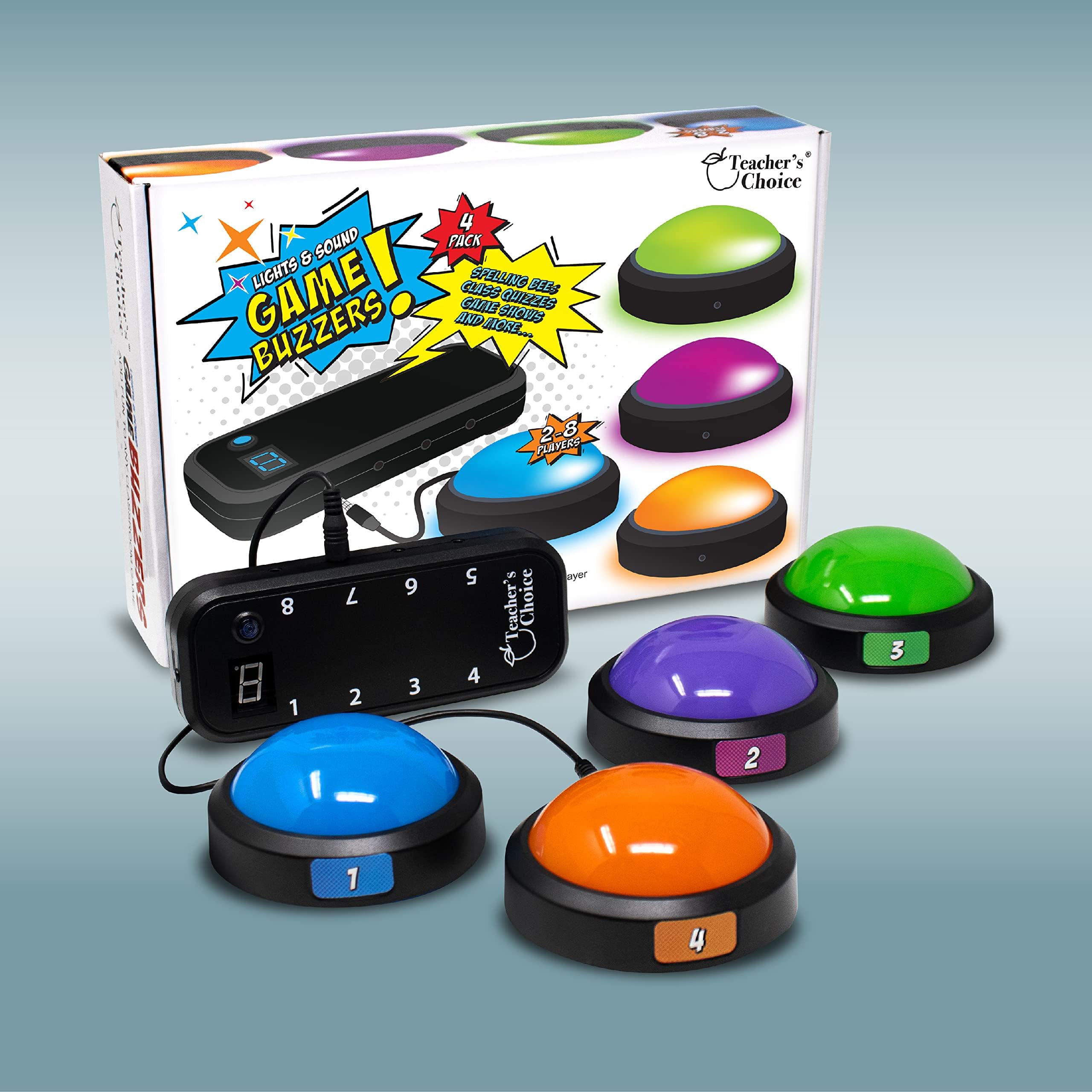 Teacher's Choice Light Up Game Buzzer System, Displays The Winning Player Loud, Unique Sounds for Each Buzzer, Great for Trivia Games, Family Feud, Jeopardy (4 Pack)