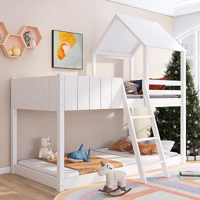 Jtyca Wooden Bunk Beds for Kids, Cabin Bed with Guard Rail & Ladder