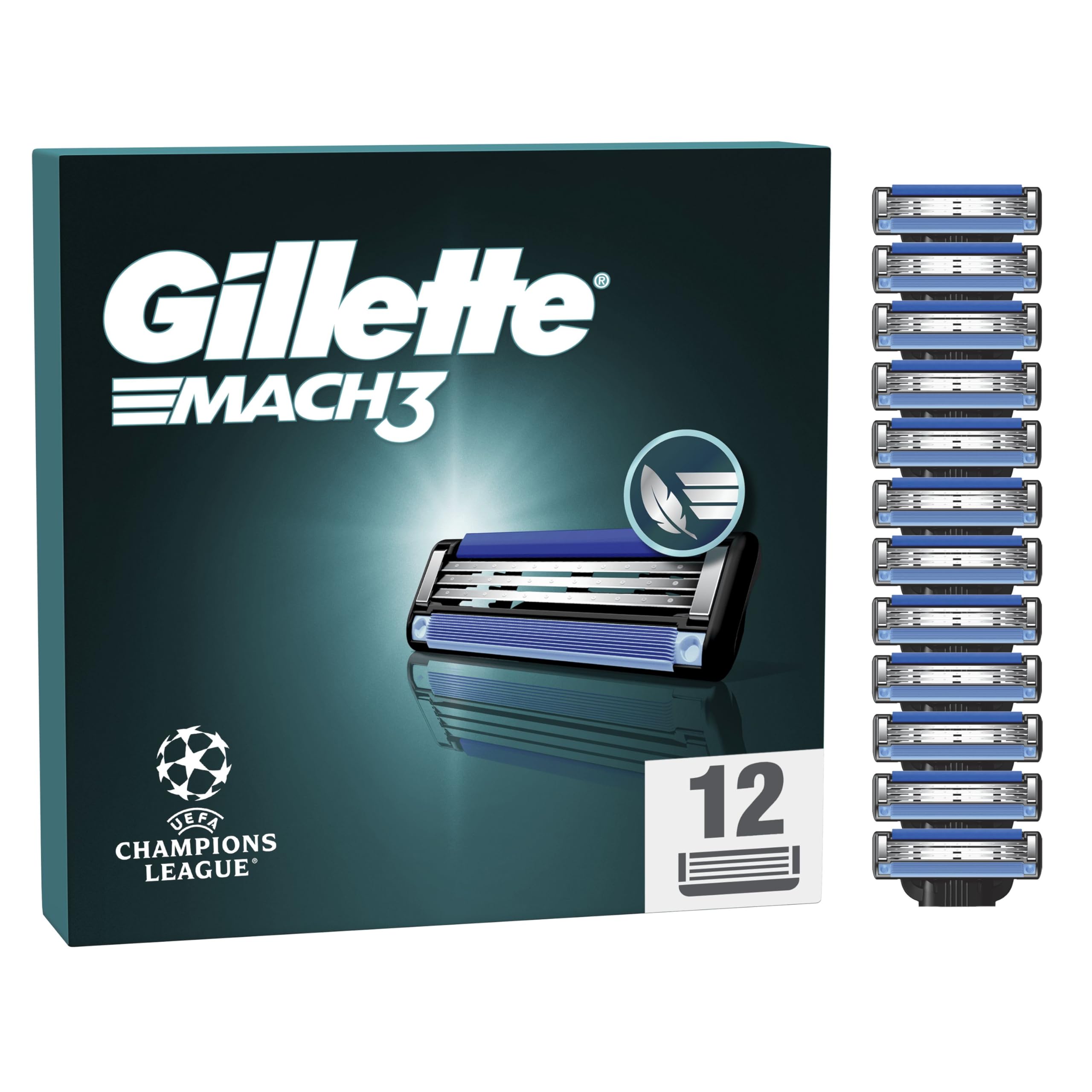 UEFA Champions League Special Edition Gillette Mach3 Men’s Razor Blade Refills, 12 Count, Engineered With Precision Cut Steel For Up To 15 Shaves Per Blade — image 1