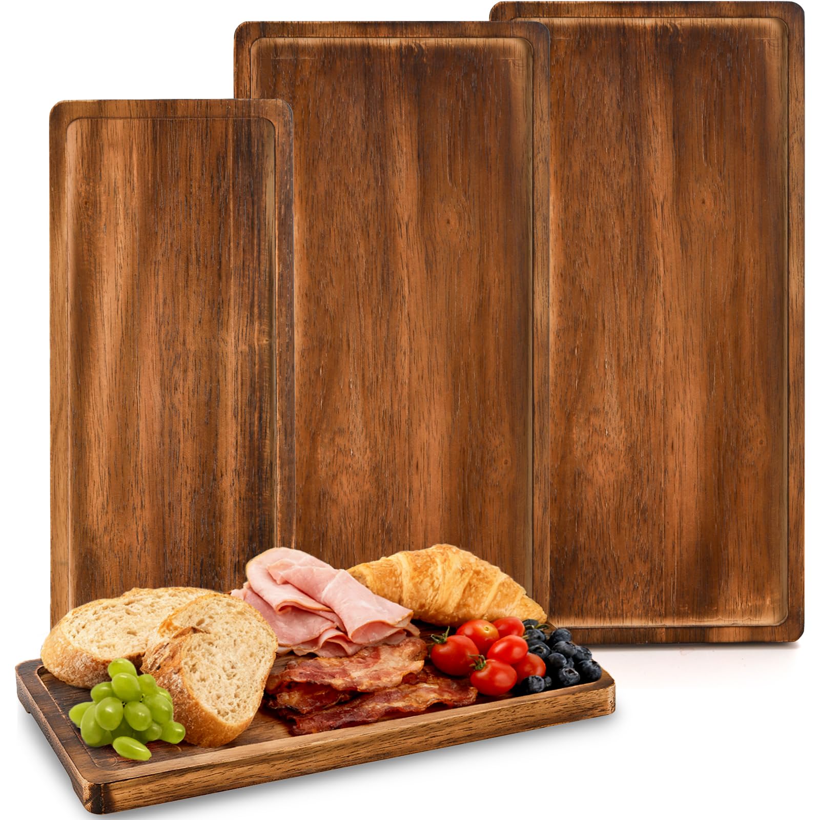 Photo 1 of SOUJOY Set of 4 Wood Serving Tray, Oak Platter for Food, 12'', 14.5'' Rectangular Charcuterie Board with Edge for Home Decor, Dessert, Vegetables, Fruit, Appetizer, Cheese Dishes