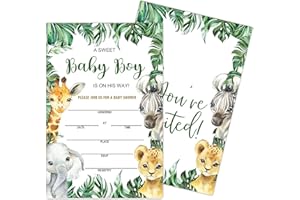 Geuro Baby Shower Invitations for boy, Jungle Animals Fill In Invites Cards wih Envelopes, Wooden, Set of 25.