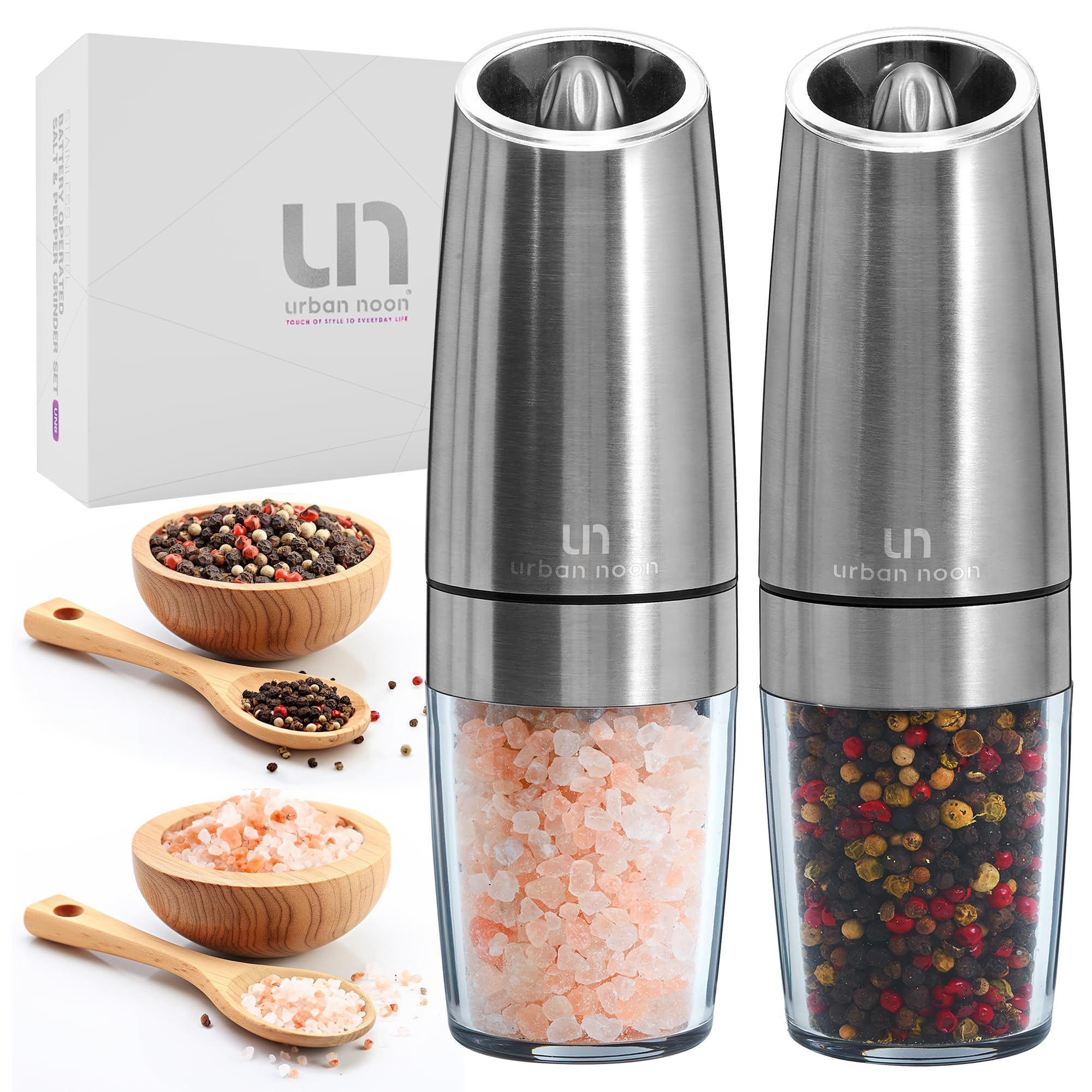 Photo 1 of **ONE GRINDER IS MISSING PLASTIC COVER PIECE ON END** Urban Noon Gravity Salt and Pepper Grinder Set - Battery Operated Stainless Steel Mills with Light (2 Grinders) - Automatic One Handed Operation - Electric Adjustable Shakers - Ceramic Grinders