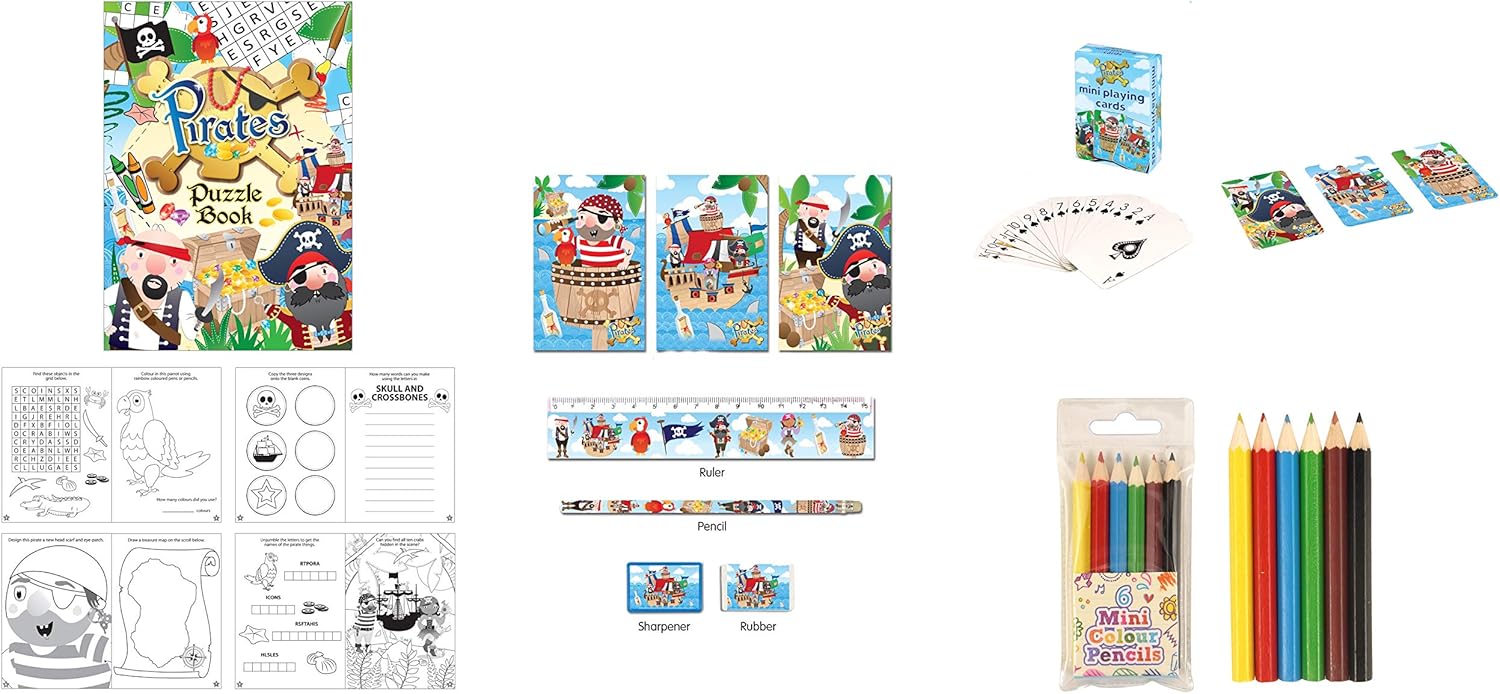 Anilas 15 Piece Pirate Themed Stationery Set, Pencil, Sharpener, Rubber, Ruler, 3 Notepads, Puzzle Book