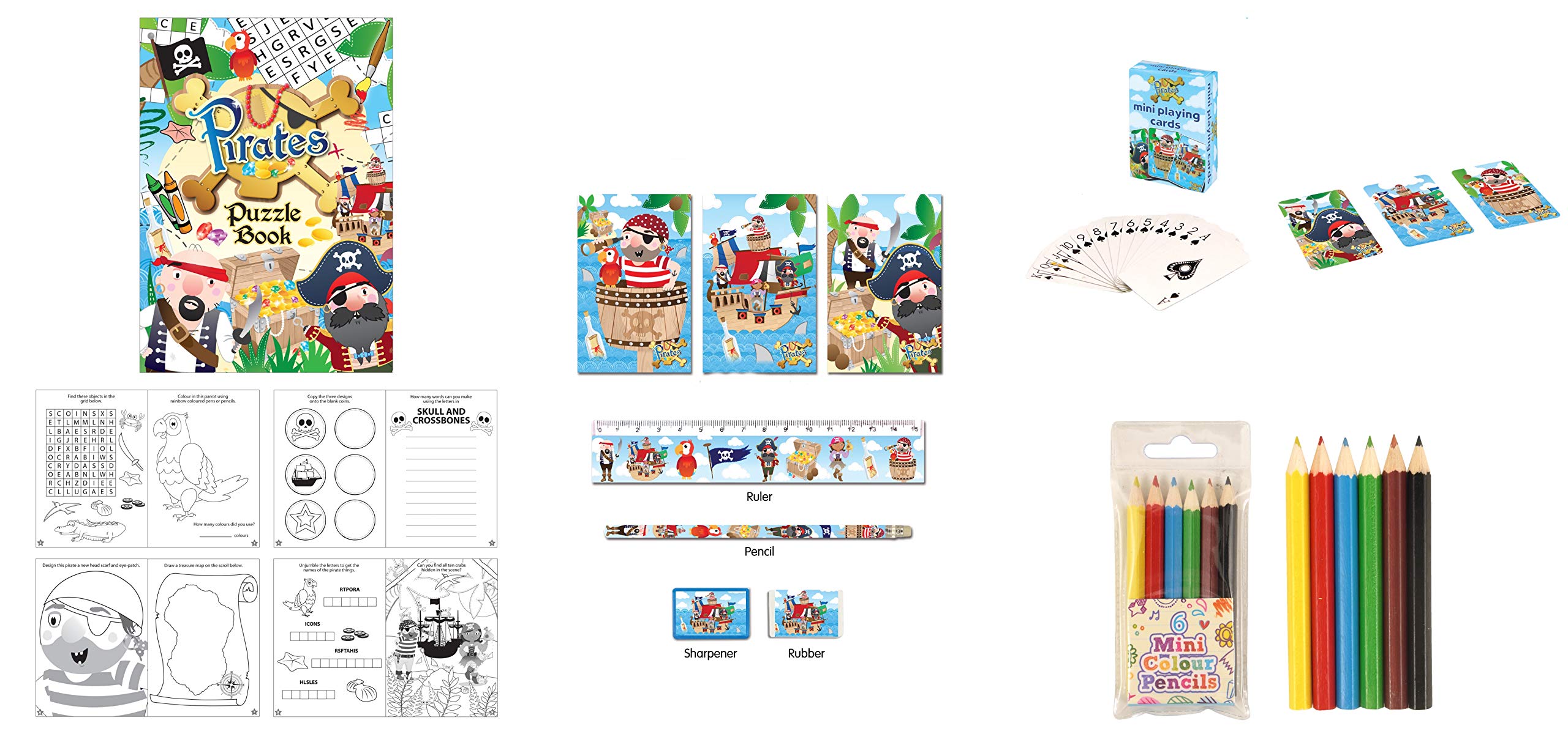 Anilas 15 Piece Pirate Themed Stationery Set - Pencil, Sharpener, Rubber, Ruler, 3 Notepads, Puzzle Book, Playing Cards and Set of 6 Colouring Pencils